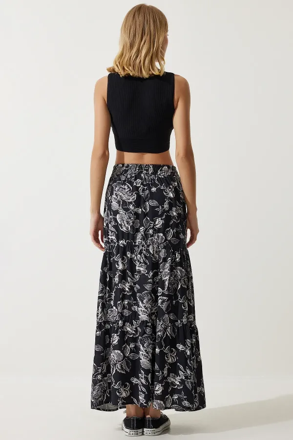 Kadın Siyah Çiçek Desenli Beli Lastikli Volanlı Uzun Viskon Etek HZL24S-BD180071