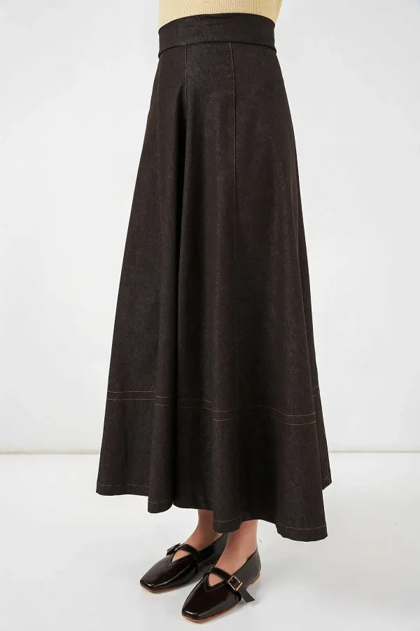 Kadın Kahverengi Yüksel Bel Uzun Jean Etek HZL26W-BD180661