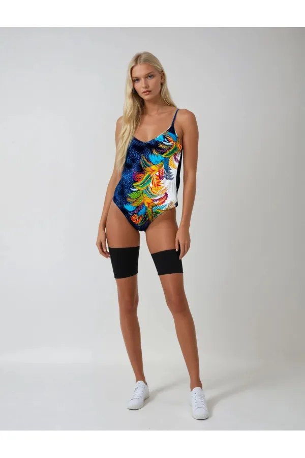 Maillot de bain femme bleu marine à motif feuilles tropicales HZL25S-LC0046
