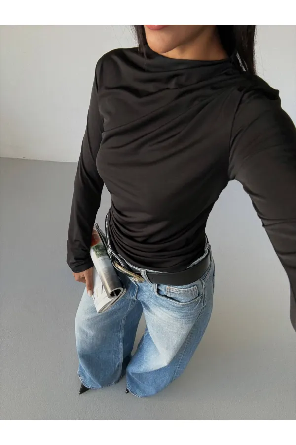 Kadın Siyah Drape Detaylı İspanyol Kol Sany Bluz HZL25W-FRY123431