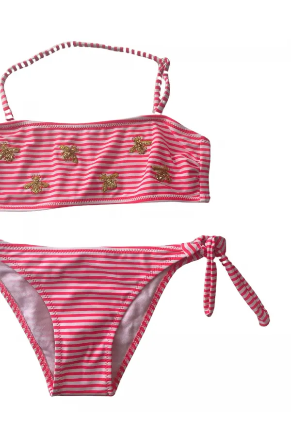 Ensemble bikini sans bretelles à rayures roses et blanches pour fille, motif abeille, 4-12 ans, HZL24S-LC3228