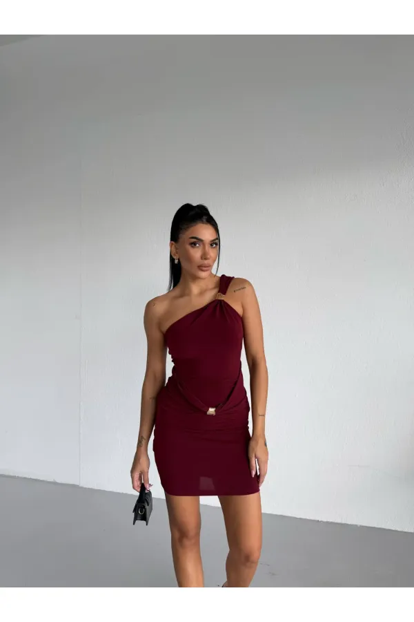 Women's Burgundy One-Shoulder Sandy Mini Dress with Gold Accessories HZL26W-FRY123781