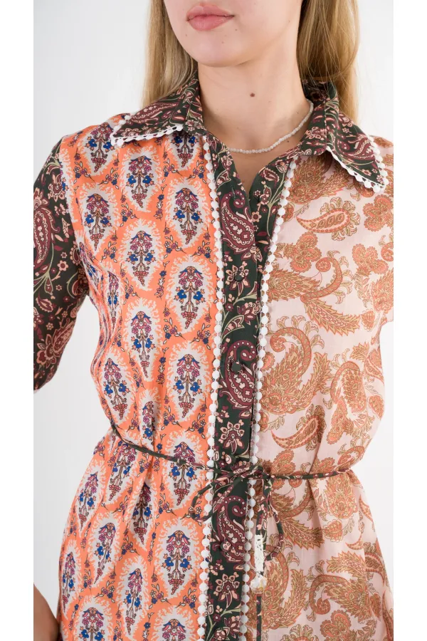 Kadın Kahverengi Sarı İp Kemerli Küpürlü Gömlek Görünümlü Elbise HZL24S-YY237