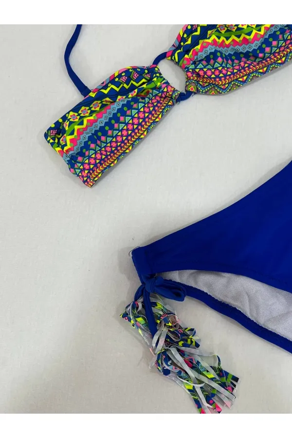Ensemble bikini triangle bleu à doublure multicolore pour fille, 4-12 ans, HZL24S-LC1904