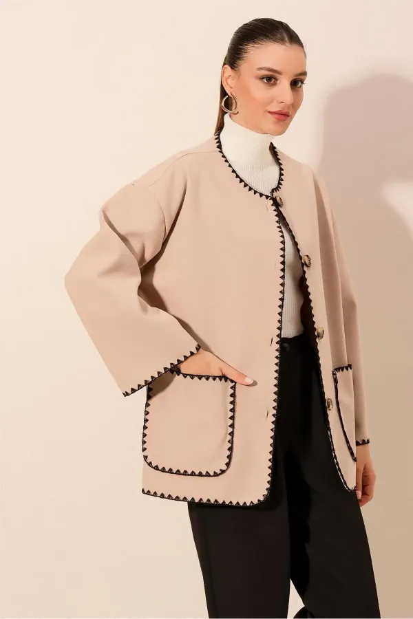 Veste en cachemire brodée Boyfriend 0690 - Beige