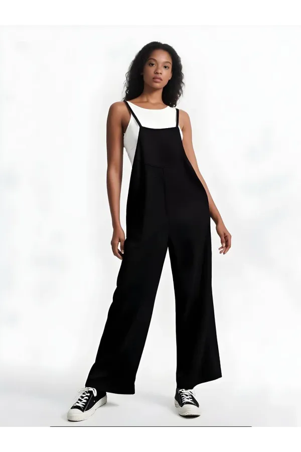 Kadın Siyah Ayarlanabilir Askılı Cepli Bol Paça Bahçıvan Tulum HZL22S-BD170191