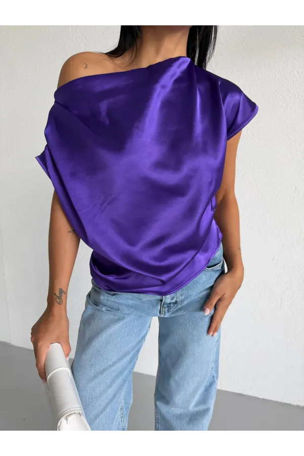 Kadın Mor Tek Omuz Asimetrik Kesim Saten Bluz HZL26W-FRY121171