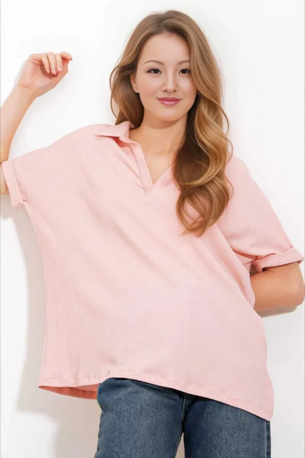 Kadın Pudra Pembe Polo Yaka Geniş Kesim Örme Bluz HZL24S-BD104861