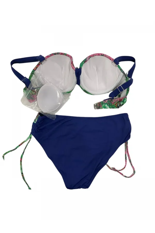 Kadın Yeşil Çiçek Desenli Büyük Beden Astarlı Lacivert Bikini Takım HZL25S-LC3301