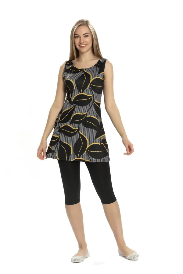 Maillot de bain semi-couvrant sans manches à motif feuilles noires pour femme HZL25S-AR152/506