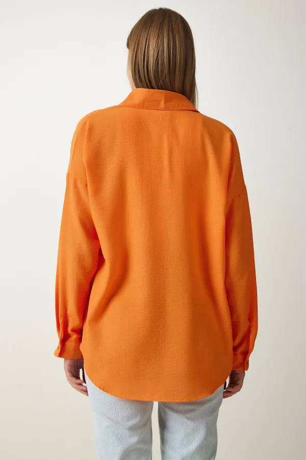Kadın Oranj Tek Cepli Oversize Keten Ayrobin Gömlek HZL24S-BD1201531