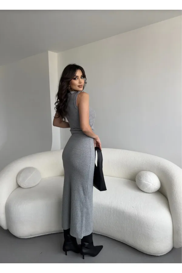 Kadın Gri Triko Crop Uzun Yırtmaçlı Etek Takım HZL25W-ZK1991