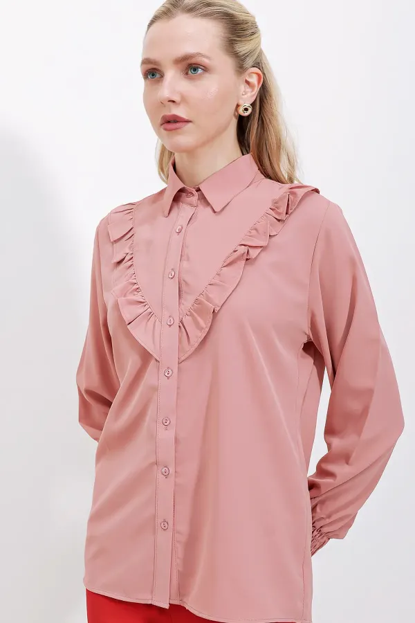 Chemise à manches longues à volants 20223 - Rose poudré