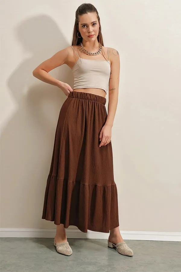 Women's Brown Elastic Waist Folded Long Skirt HZL23S-BD118861