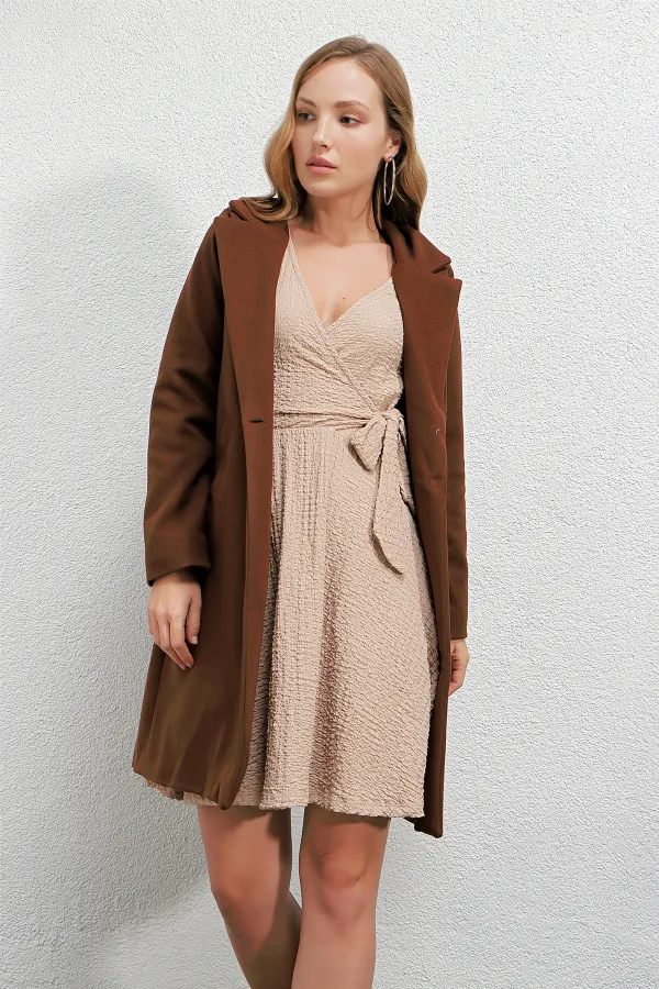 Manteau élégant en cachemire doublé, couleur chocolat, à un bouton et double poche, pour femme HZL23W-BD190851