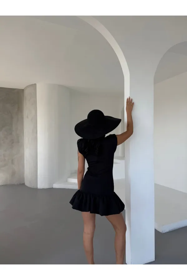 Kadın Siyah Vatkalı İthal Dooble Kumaş Kolsuz Mini Elbise HZL25S-FRY12274