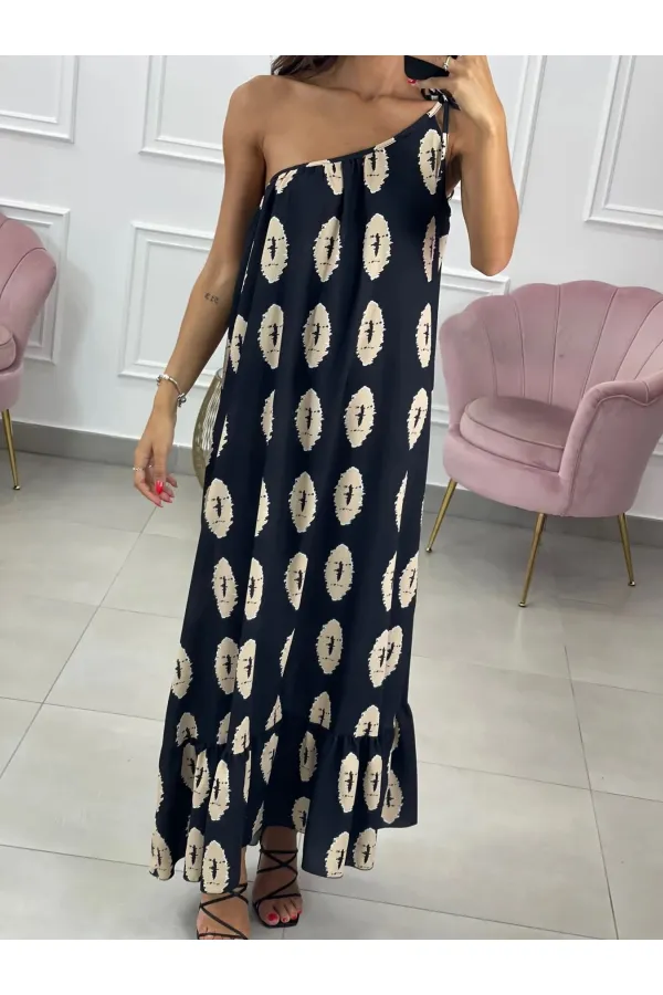 Kadın Siyah Baskılı Omuzdan Bağlamalı Astarsız Uzun Elbise HZL24S-DSB135911