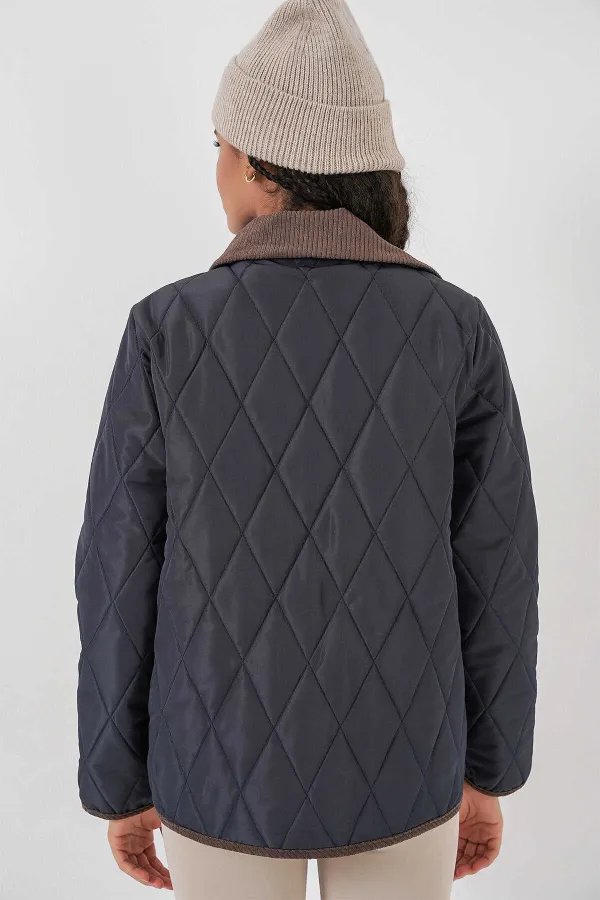 Manteau matelassé en velours bleu marine pour femme, avec fermeture à pression HZL25W-BD152261