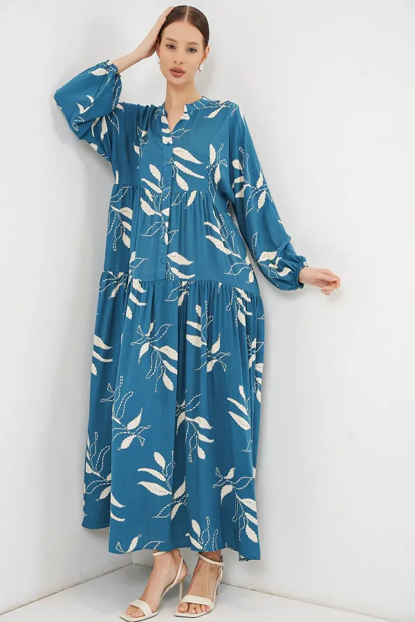 Robe longue hijab à motifs pour femme 2585 - Pétrole