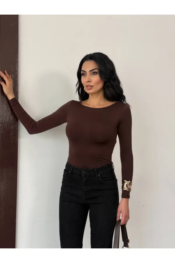 Kadın Kahverengi Sırtı Açık Fiyonk Bağlamalı Uzun Kol Bluz HZL25W-FRY123661