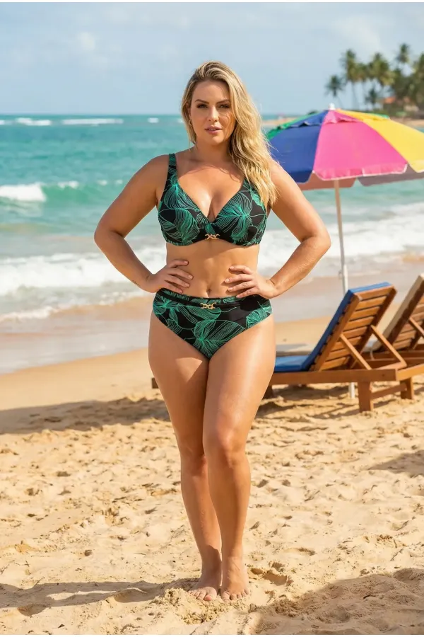 Kadın Siyah Açık Yeşil Aksesuar Detaylı Astarlı Büyük Beden Bikini Takımı HZL25S-LC25147