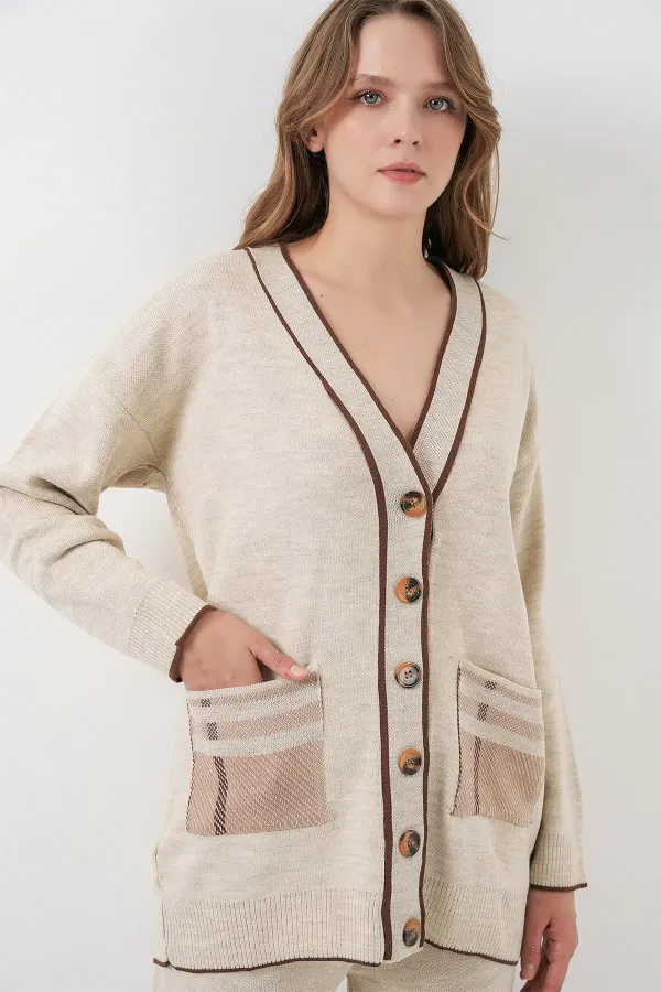 Ensemble deux pièces cardigan en maille à poches pour femme 15964 - Écru