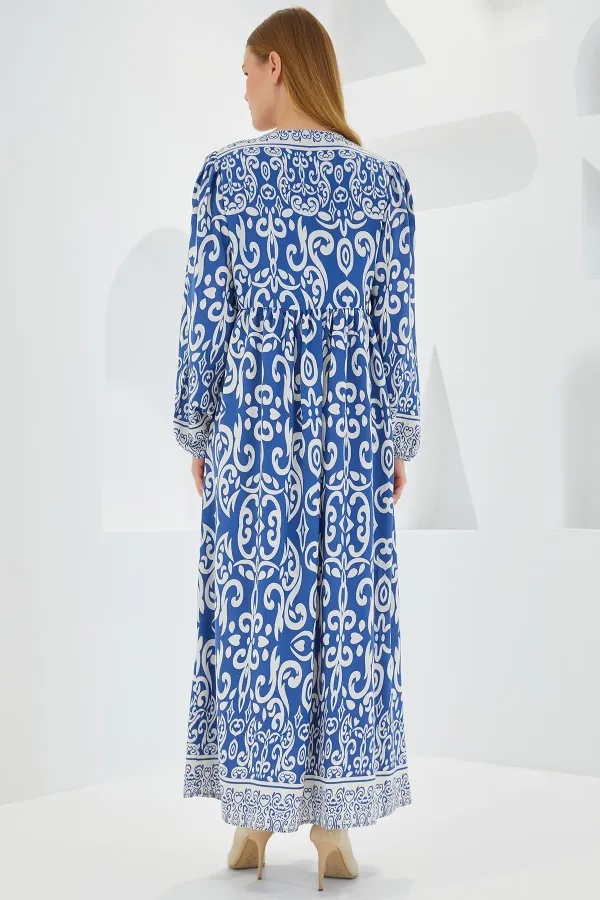 Robe longue en viscose à motifs indigo et écru pour femme, 1947