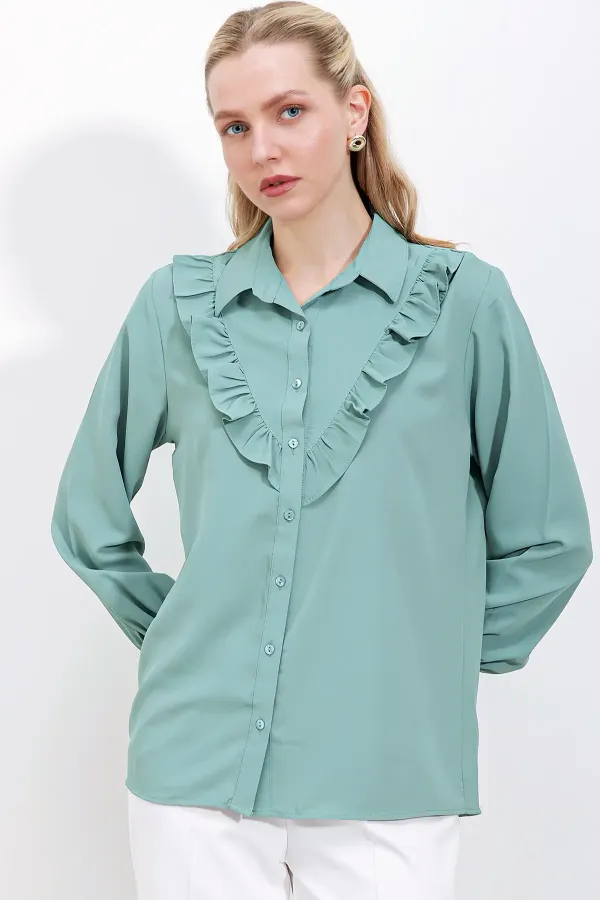 20223 Ruffled Long-Sleeve Shirt - Light Green