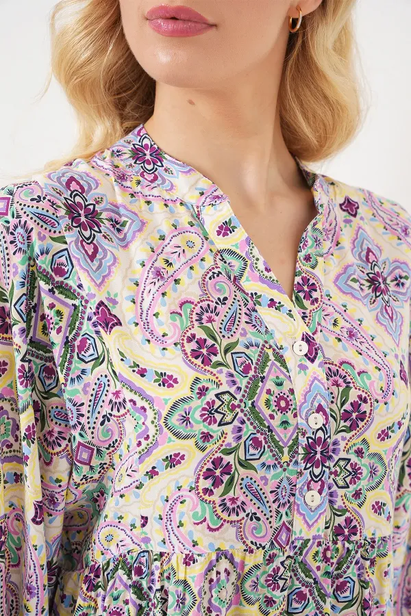 Kadın Desenli Kısa Kol Elbise 2562 - Bordo