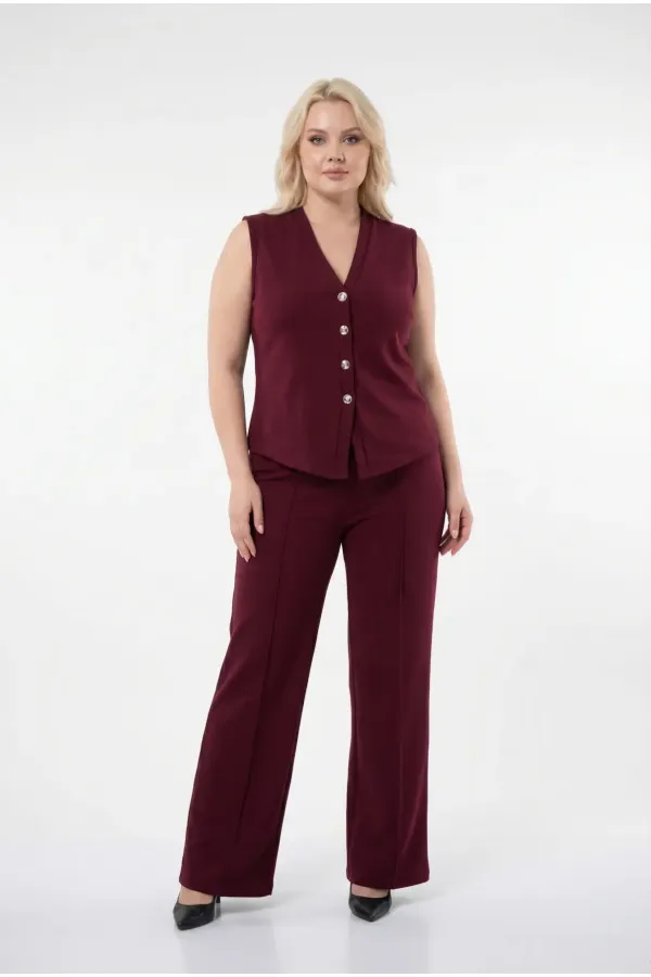 Kadın Bordo Büyük Beden V Yaka Yelek Pantolon İkili Takım HZL26S-PR12131