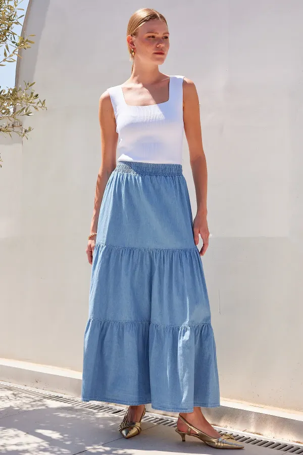 Jupe longue en jean à volants 8022 - Bleue