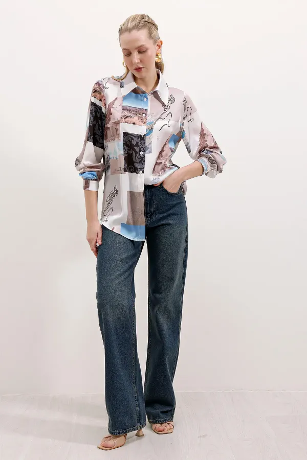 3964 Lightly Draped Satin Shirt - Light Beige