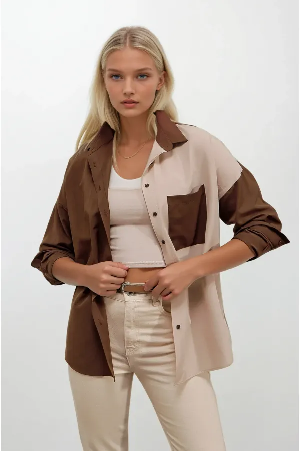 Kadın Kahverengi Krem Renk Bloklu  Poplin Basic Gömlek HZL22S-BD1201161