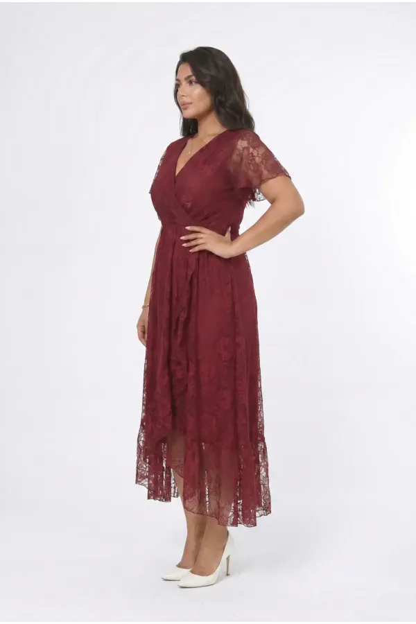 Kadın Bordo Büyük Beden V Yaka Astarlı Dantel Detaylı Şık Abiye Elbise HZL26S-PR11071