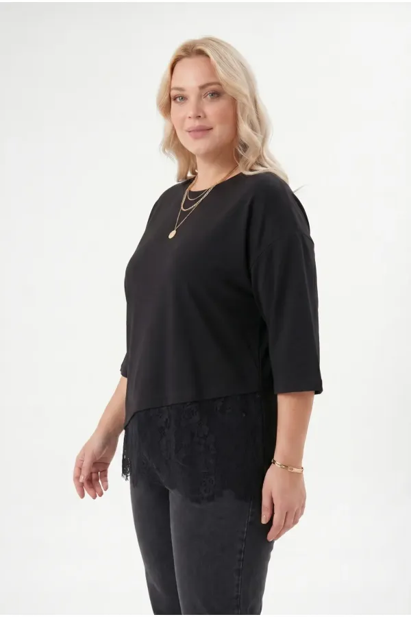 Women's Black Plus Size Crew Neck Short Sleeve T-Shirt with Tulle Detail HZL26S-ZSS19521 Women's Black Plus Size Crew Neck Short Sleeve T-Shirt with Tulle Detail HZL26S-ZSS19521