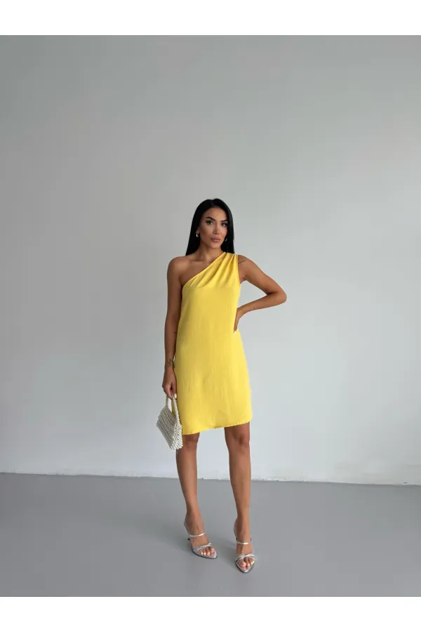 Women's Yellow One-Shoulder Mini Dress HZL25S-FRY121791