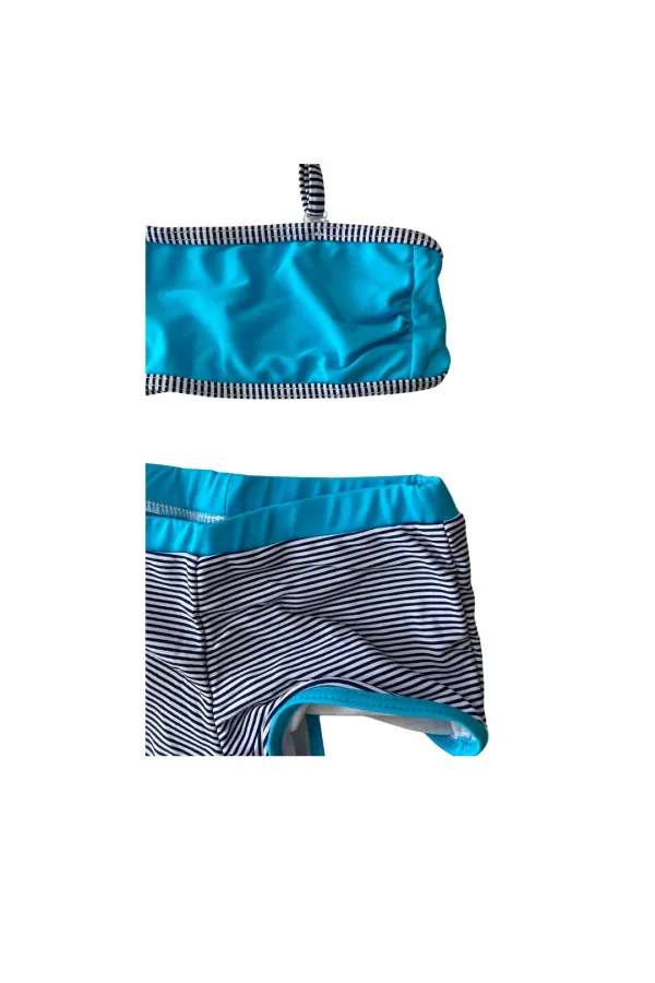 Kız Çocuk Mavi Siyah Çizgili Şortlu 4-12 Yaş Straplez Bikini Takım HZL24S-LC9034