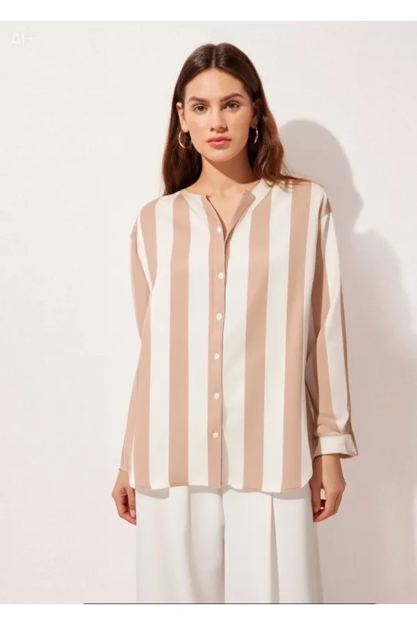 Kadın Bej Krem Çizgili Saten Gömlek HZL23S-BD1201731