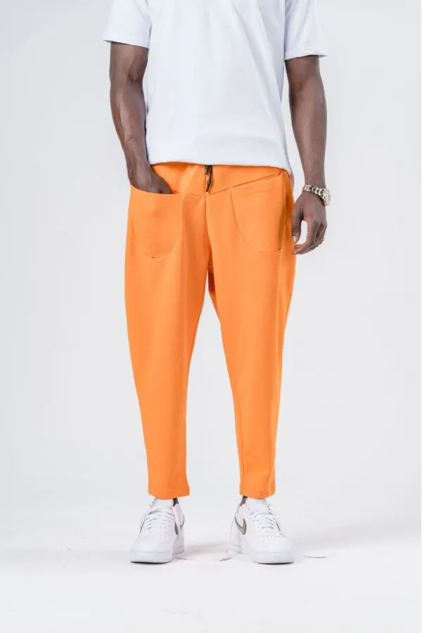 Men's Orange String-Tied Straight Cut Pocketed Trousers Sweatpants HZL24S-MXC8948-331