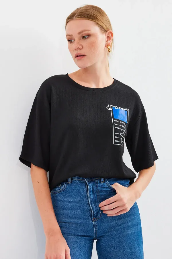 911 Printed Knitted Basic T-Shirt - Black