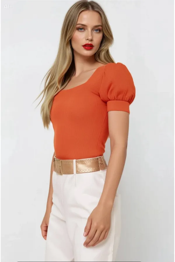 Kadın Oranj Kare Yaka Örme Bluz Hzl22w-bd104091
