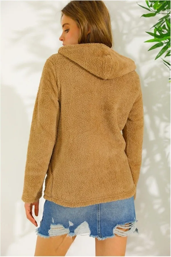 Kadın Hardal Welsoft esnek kumaş Peluş Yumoş Önü Fermuarlı Kapüşonlu Ceket HZL23W-DSB110081