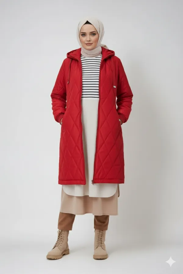 Women's Burgundy Long Quilted Lined Puffer Coat HZL25W-BD151381