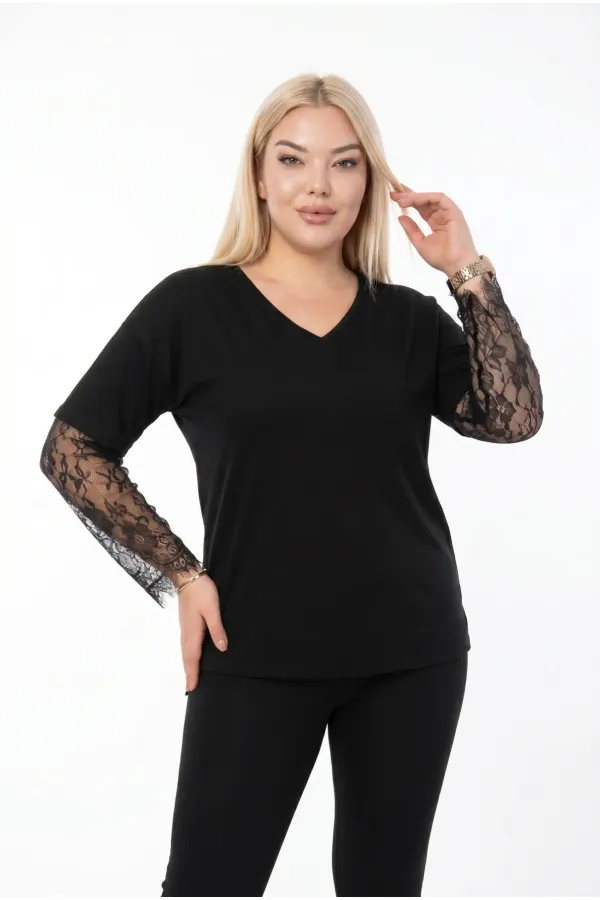 Women's Black Plus Size V-Neck Lace Sleeve Blouse HZL26S-ZSS19661