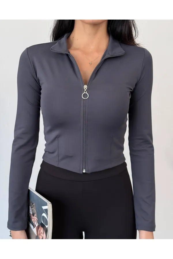 Women's Anthracite Diving Fabric Zippered Finger-Tight Sweatshirt HZL25W-FRY123441