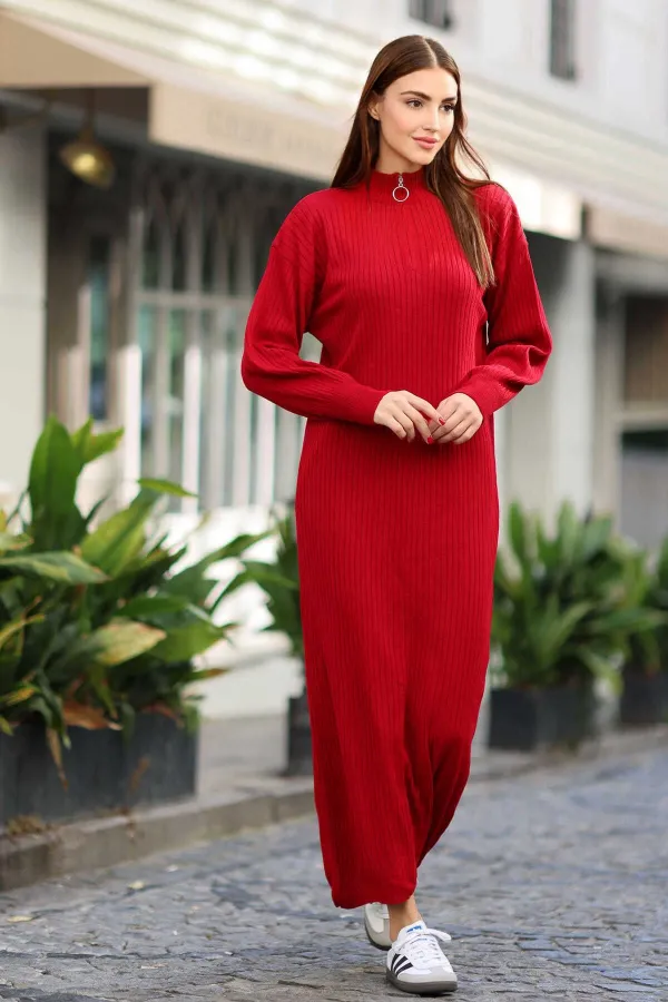 Robe longue en maille côtelée rouge à col zippé pour femme HZL24W-BD1102271