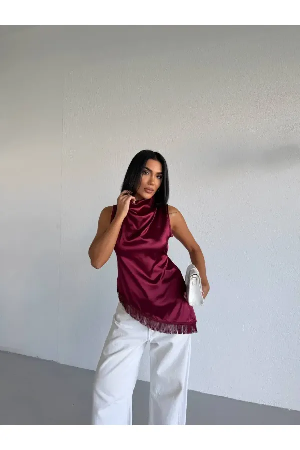 Women's Burgundy Halter Neck Asymmetrical Cut Fringe Detail Satin Blouse HZL26S-FRY123911