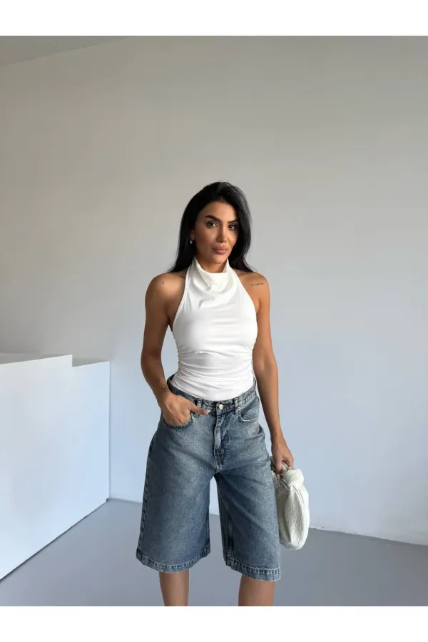 Kadın Beyaz Halter Yaka Sırtı Açık Sandy Bluz HZL25S-FRY123141