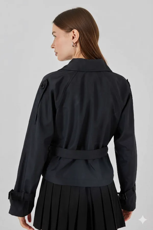 Trench-coat court noir à double boutonnage et ceinture pour femme HZL25W-BD159701