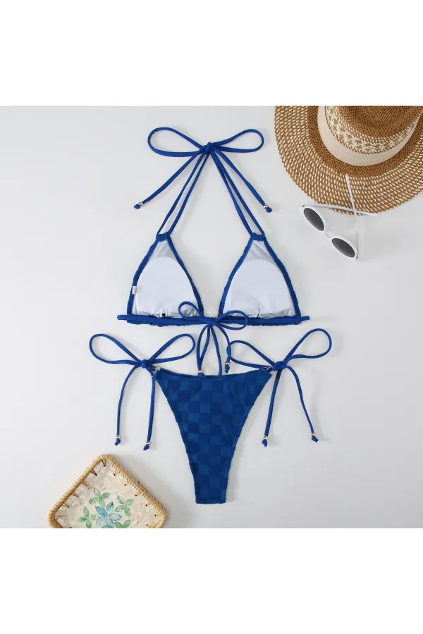 Kadın Saks Mavisi  İp Bağlamalı Aksesuarlı Astarlı Yüksek Bel Üçgen Bikini Takım HZL24S-LC2229